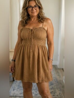 LOFT Camel Smocked Strappy Mini Dress
